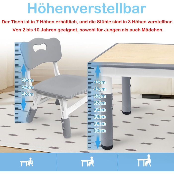 Дитячий стіл 120x60 см з 4 стільцями, комплект дитячих сидінь з регульованою висотою для дітей віком 2-10 років, дерев&39яний дитячий стіл та стільці, ідеально підходить для дитячого садка, класу та дому, сірий