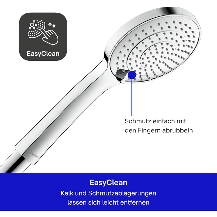Душова лійка Duravit Universal, ручна душова насадка з 3 режимами струменя (Дощ, Інтенсивний дощ, Мякий дощ), кругла (діаметр 110 мм), легко очищується, хромована. Перемикання режимів поворотний механізм.