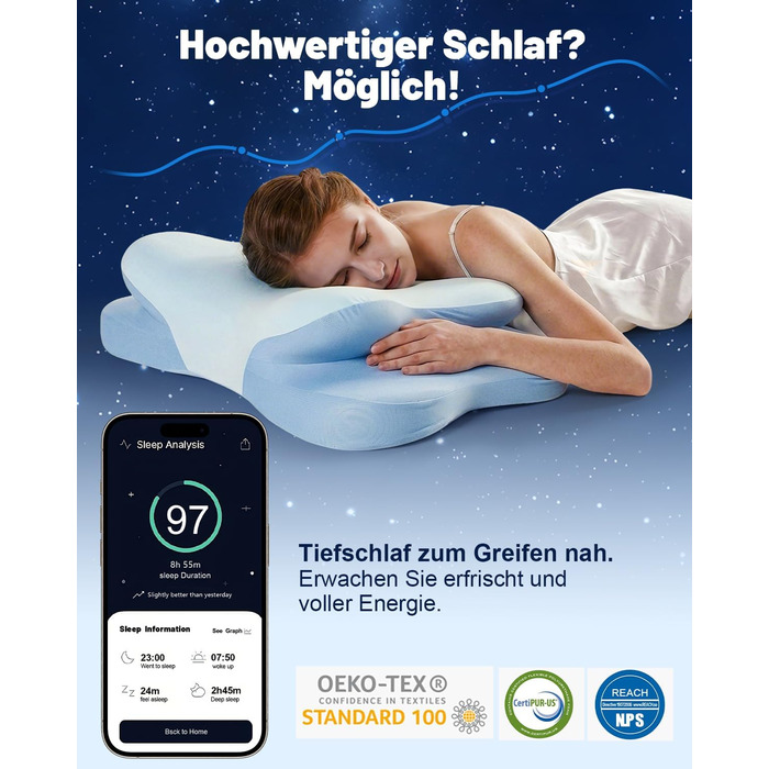 Подушка для шиї IDEA, ортопедична подушка з піни з ефектом пам&39яті, ергономічна подушка для полегшення болю в шиї, подушка для шиї проти хропіння, подушка для сну на боці, спині та животі ()