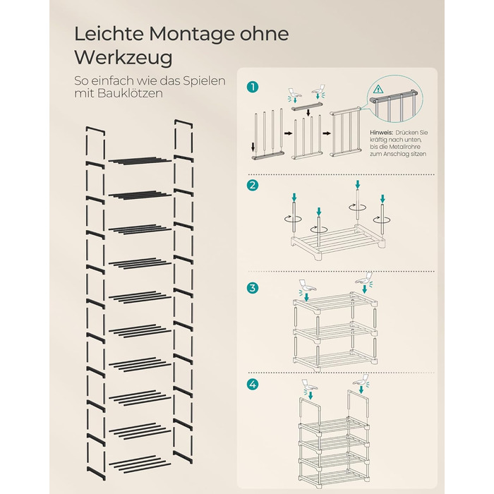Рівнева взуттєва полиця, висока відкрита шафа для взуття, вузька підставка для взуття, металеве місце для зберігання взуття, компактне, для гардеробної, передпокою, 30 x 45 x 174 см, чорний LSA25BK 10 ярусів (45B см) чорний, 10-