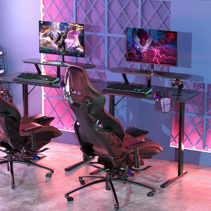 Ігровий стіл з підставкою для монітора, Т-подібний стіл, чорний, ергономічний комп&39ютерний стіл, покриття з вуглецевого волокна, ігровий ПК, тримач для напоїв, підставка для геймпада, тримач для навушників, 100x54x74 см