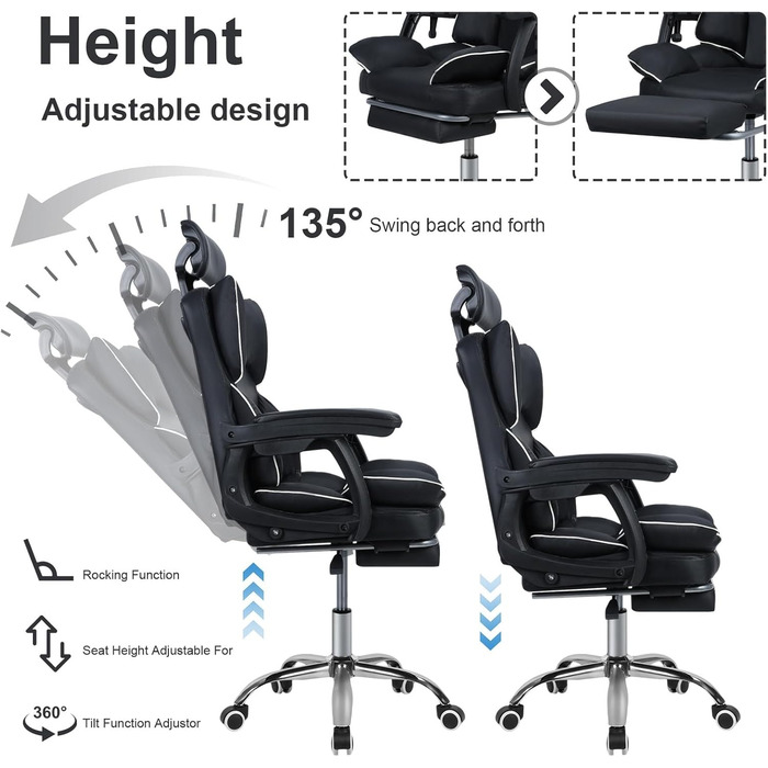 Ергономічне офісне крісло Yokawe з підставкою для ніг, вантажопідйомність 180 кг, комп&39ютерне та ігрове крісло зі штучної шкіри з підголівником та поперековою опорою, чорне