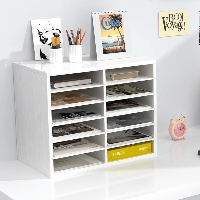 Дерев&39яний настільний органайзер з 12 відділеннями, настільний органайзер для файлів, штабелюваний лоток для файлів A4, лоток для офісних листів, підтримка чистоти на робочому столі, білий