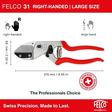 Садові ножиці FELCO 31 (ножиці для дерев, діаметр різання 25 мм, довжина 210 мм, садові ножиці для великих рук, з ковадлом, для правшів та лівшів) одинарні
