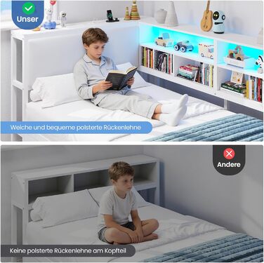 Диван-ліжко зі світлодіодним освітленням та зарядною станцією, дитяче ліжко 90x200 см зі столиком 35x112 см та двома великими шухлядами, ліжко 90x200 з кушеткою та м&39яким узголів&39ям, білий колір