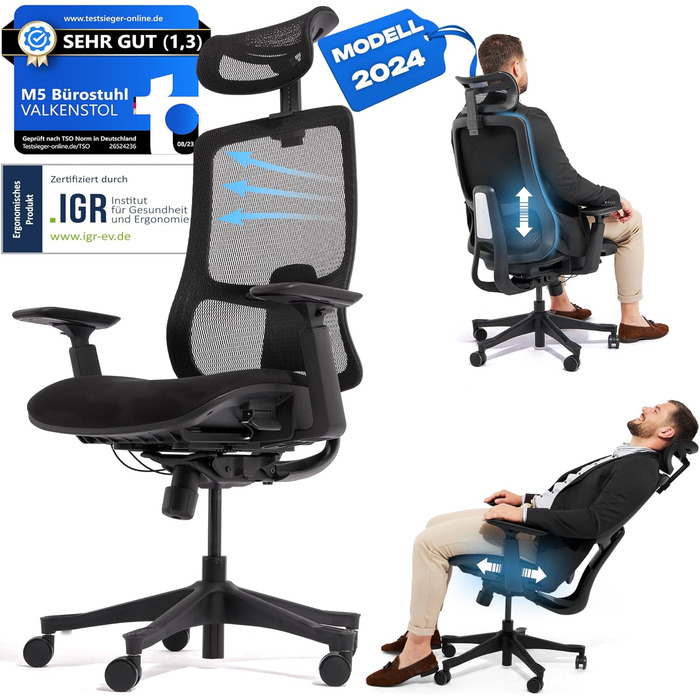 Ергономічне офісне крісло M5, переможець тесту, регульована по висоті спинка та регульована глибина сидіння, пінний матеріал для сидіння, письмове крісло для здорової спини, навіть для високих людей, крісло керівника з м&39яким сидінням M5 (чорне)