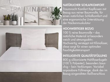 Подушка Dream Night Comfort з чохлом з чистої бавовни, сертифікована Oeko-Tex подушка з блискавкою, 80x80 см, розроблена в Німеччині 80 x 80 см 1