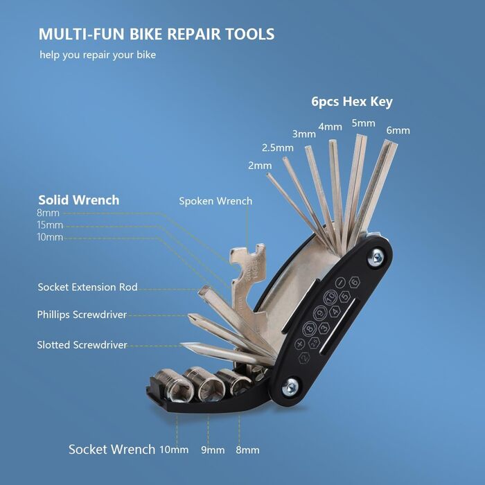 Набір для ремонту велосипеда, набір інструментів для велосипеда, мультиінструмент для велосипеда, набір латок для велосипеда, портативний складаний набір інструментів для ремонту велосипеда 16-в-1, ремкомплект для їзди на природі чи вдома Золотий