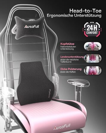 Ігрове крісло AutoFull C3, ергономічне ігрове крісло з поперековою опорою, регулюванням висоти та функцією нахилу, ігрові крісла з підставкою для ніг, вантажопідйомність 150 кг, гоночний дизайн сидіння зі штучної шкіри (рожевий)