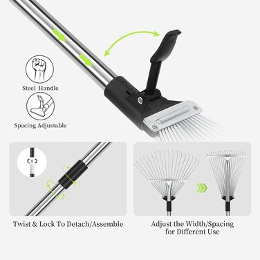 Розширений садовий граблі-віяло 22-44 см з регульованою металевою ручкою 2.15 м та рукавичками, граблі для листя, металеві граблі-віяло, граблі для прибирання листя, трави та двору