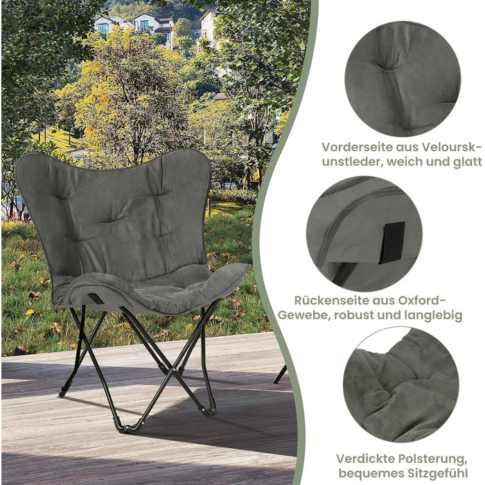 Складаний кемпінговий стілець eSituro, м&39який складний стілець, рибальський стілець з сумкою для перенесення, складний садовий стілець, стілець рибалки, форма метелика, виготовлений зі штучної замші та тканини Оксфорд, 84x88x67 см 1