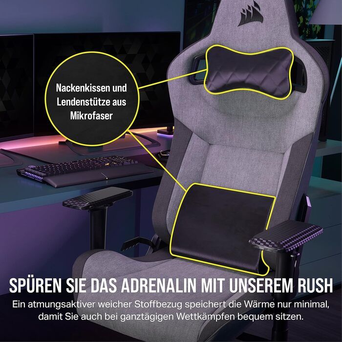 Ігрове крісло Corsair T3 RUSH з тканинною оббивкою (2023) Дизайн у стилі гонок Мяка оббивка Мяка подушка для шиї Поперекова підтримка з піни з ефектом памяті Чорний, темно-сірий та антрацитовий кольори T3 RUSH (2023)