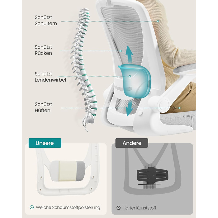 Ергономічне офісне крісло SONGMICS, обертове крісло з сіткою, поперековим відділом хребта та підголівником, функція гойдання, розмір сидіння 53 см, складні підлокітники, для роботи та спальні, для студентів, колір голубий сірий OBN047G01