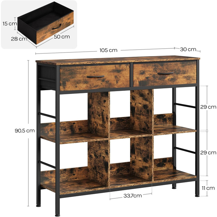 Полиця, книжкова шафа з 2 шухлядами, 6 відкритих відділень, окремостояча полиця з металевим каркасом, полиця для зберігання, для вітальні, кабінету, спальні, рустикальний коричневий, чорний вінтажний коричневий