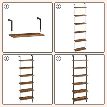 Рівнева книжкова полиця HOOBRO своїми руками, промислова драбина, полиця з ДСП, вертикальна полиця зі стабілізуючою металевою рамою, для домашнього офісу, вітальні, темно-коричневий EBF65CJ01 60 x 24 x 200,5 см темно-коричневий чорний, 6-