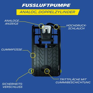 Ножний насос, двоциліндровий MICHELIN, 67 см, 4 бар / 58 PSI, сталь/гума/пластик, чорний