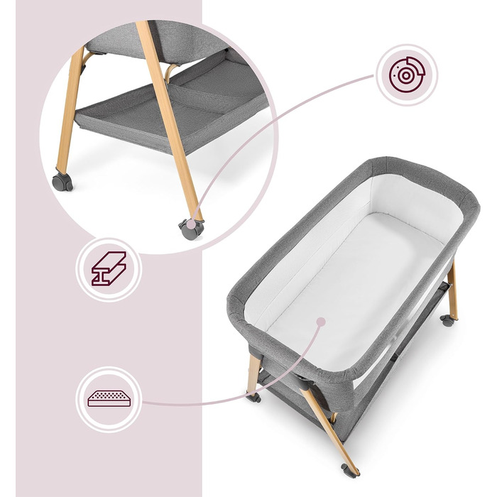Дитяче ліжечко Moby-System Mili Дорожнє ліжечко 06 місяців, Складане з матрацом, Сітчасті боковини, Місце для зберігання, Колеса з гальмом, Легке та стійке, Сірого кольору, Для новонароджених, Приліжкове ліжечко без свердління, Макс. 9 кг.