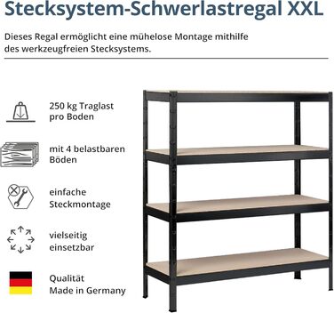 Стелаж SCHULTE Shelf World для важких умов експлуатації з 4 рівнями, 180x160x60 см (ВxШxГ), вантажопідйомність на рівень приблизно 250 кг, чорний текстурований, стелаж для зберігання, стелаж для підвалу, стелаж для майстерні, стелаж без ригелів