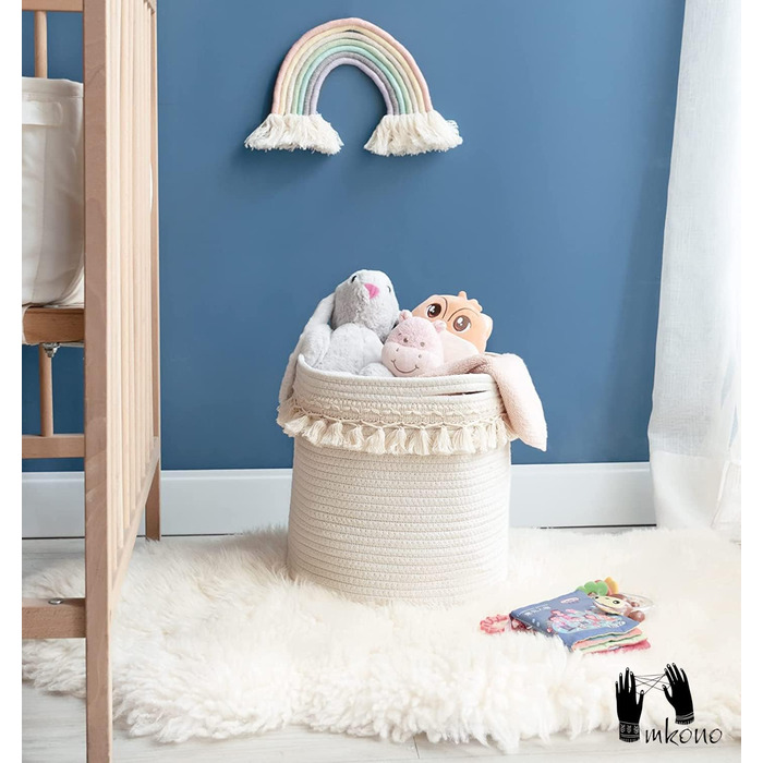 Декоративний кошик Mkono з макраме з бавовняної мотузки, декор для дитячої кімнати в стилі бохо, маленький, милий, плетений пензлик, шафа, контейнер для зберігання дитячих іграшок, журналів, вітальня, спальня, колір слонової кістки 11&39x11&39