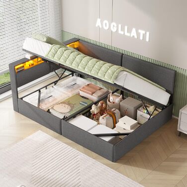 М&39яке ліжко-диван-ліжко 140x200 з USB-розетками та гідравлічним відділенням для зберігання, Ліжка 140x200 зі світлодіодним узголів&39ям та рейковою основою, Дитяче ліжко-кушетка, Двоспальне ліжко, Льняне, Темно-сірий (без матраца) 140 x 200 см Темно-сір