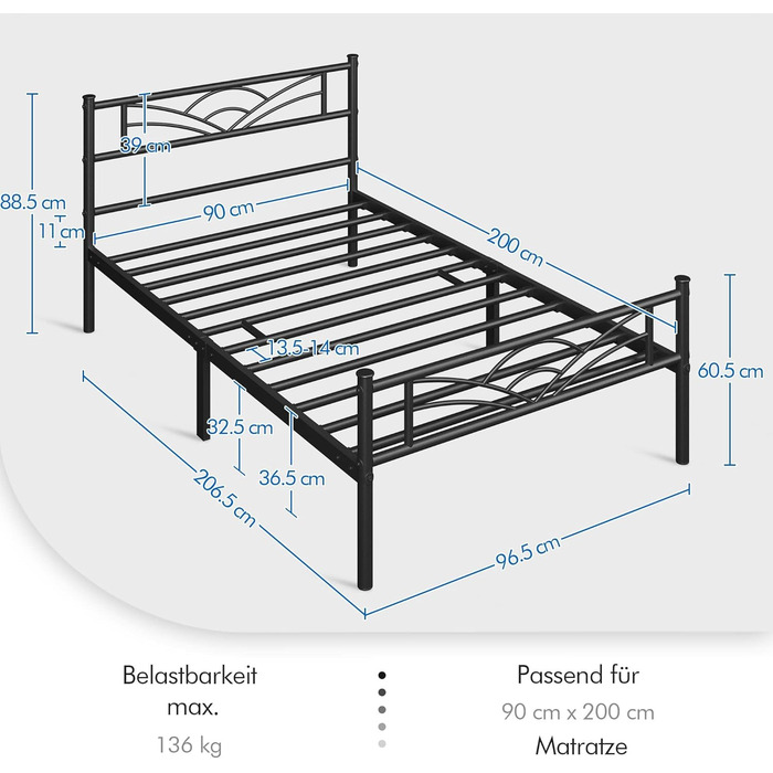 Металевий каркас ліжка Yaheetech, гостьове ліжко, сучасне молодіжне ліжко з рейковою основою, для спальні/гостьової кімнати, 90 x 200 см/чорний
