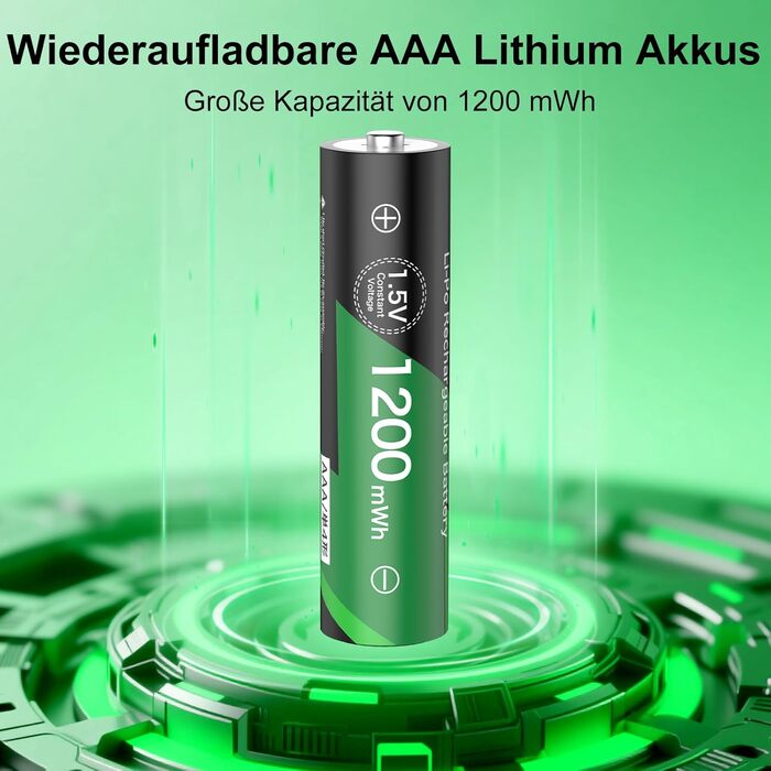 Літієві батарейки AAA 1,5 В, 8 шт. із зарядним пристроєм, висока ємність 1200 мВтгод, 1500 циклів розрядки/зарядки, акумуляторні батарейки AAA, тривалий термін служби з інтелектуальним зарядним пристроєм з РК-дисплеєм