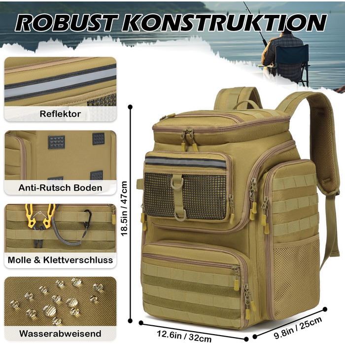 Рибальський рюкзак BlesMaller з тримачами для вудилищ, велика сумка для риболовлі, 45 л, водонепроникний рюкзак для рибальського спорядження для риболовлі, походів, кемпінгу, походів