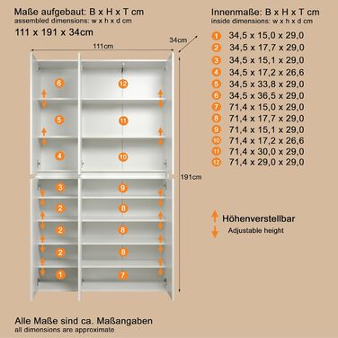 Багатофункціональна шафа - Біла - Шафа з 6 дверима, 12 полицями та 1 вішаком для одягу - (Ш x В x Г) 111 x 191 x 34 см - дверцята без ручок
