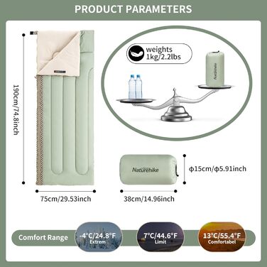 Спальний мішок Naturehike, ідеальний для дорослих та дітей, водонепроникний, легкий, з ковдрою, спальний мішок на 3-4 сезони для кемпінгу, подорожей, активного відпочинку на свіжому повітрі, 190 x 75 см, зелений, лівий