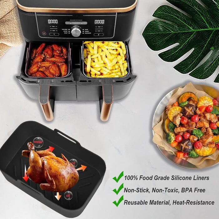 Аксесуари для фритюрниці Ranedo, аксесуари для фритюрниці для Ninja Dual AF300EU AF400EU та подвійної фритюрниці 7.6 л - 9.5 л, силіконові вставки для фритюрниці, шампури та стійка чорна