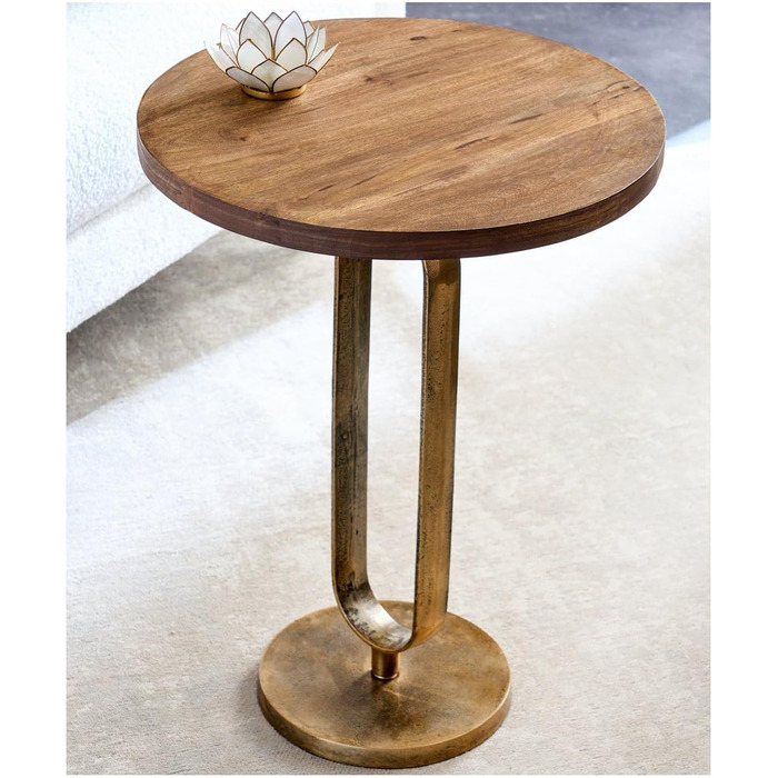 Бароковий журнальний/приставний столик, круглий, із золота, латуні та дерева манго, античний вигляд, стиль бароко, репродукція, висота 60 см