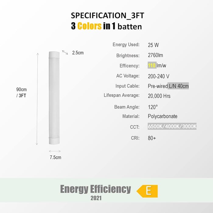 Світлодіодне вологозахисне світло, світлодіодна трубка 90 см 25 Вт 2760LM 3CCT (3000K/4000K/6500K) теплий/нейтральний/холодний білий, стельовий світильник для підвалу, майстерні, гараж, кухня, ванна кімната, офіс, сарай для зберігання 3cct теплий/нейтраль