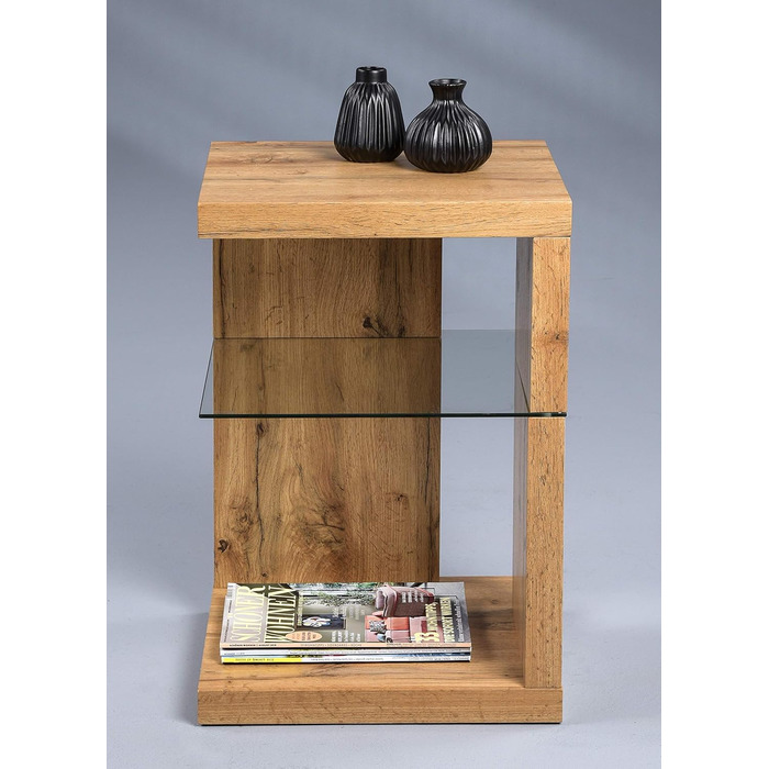 Приставний столик/тумбочка колекції M2 Domingo Сучасний дизайн МДФ з декором дикого дуба Додаткове місце для зберігання Безпечне скло, 40x40x60 см Універсальне використання Domingo 1