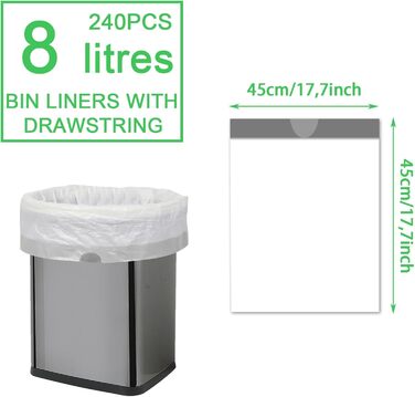 Білих пакетів для сміття об&39ємом 8 л, маленькі пакети для сміття зі шнурком, пакети для сміття зі шнурком для баків об&39ємом 8-10 літрів, 8 рулонів, 240