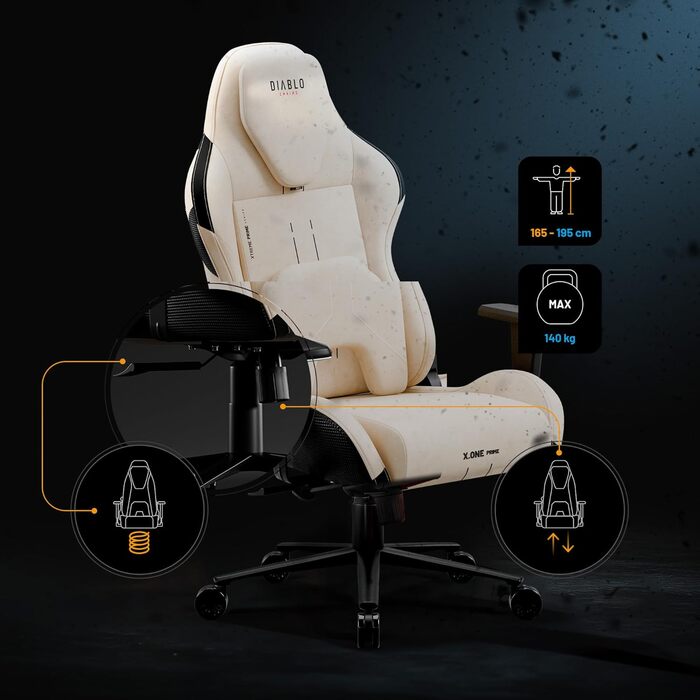 Ігрове крісло Diablo Fabric, ергономічне, з магнітним підголівником та охолоджуваним сидінням, міцна металева основа, регульовані по висоті підлокітники, ПК-крісло, ігрове крісло, 140 кг, Шторм у пустелі