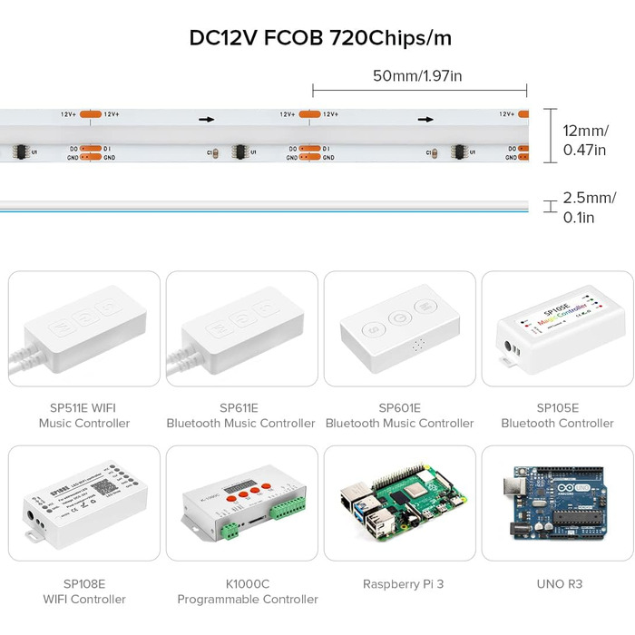 Гнучка світлодіодна стрічка COB високої щільності WS2811 IC світлодіодна стрічка 5M 630 світлодіодів/м 14 Вт/м DC24V IP30 Карбування кольору Прикраса своїми руками (не контролер вмісту та блок живлення) (Біла друкована плата, DC12V 3M 720 світлодіодів/M)