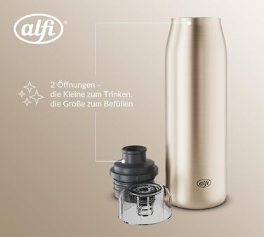 Пляшка alfi ISO 500 мл, золоте шампанське, ізольована пляшка з нержавіючої сталі, абсолютно герметична кришка, що закручується, зберігає напої гарячими 12 годин, холодними 24 години, підходить для газованих напоїв, без BPA, 500 мл золоте шампанське