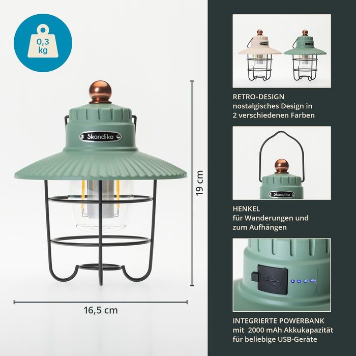 Світлодіодний кемпінговий ліхтар Skandika Soroya в ретро-стилі Регульований колір світла, з регульованою яскравістю, акумулятор 2000 мАг, 500 люмен Ідеально підходить для кемпінгу, саду, активного відпочинку на свіжому повітрі, зелений