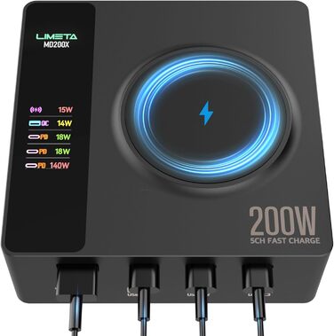 Зарядний пристрій LIMETA 200 Вт USB C 5-портовий PD3.1 бездротовий магнітно-безпечний швидкий зарядний пристрій (140 Вт макс.) з 3