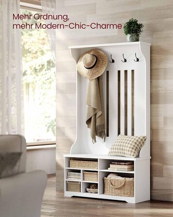Вішалка для верхнього одягу VASAGLE з лавкою для взуття, шафа, місце для зберігання взуття, 5 потрійних гачків, окремостояча, компактна, для вхідної зони, коридору, регульовані полиці, хмарно-білий HSR404T10