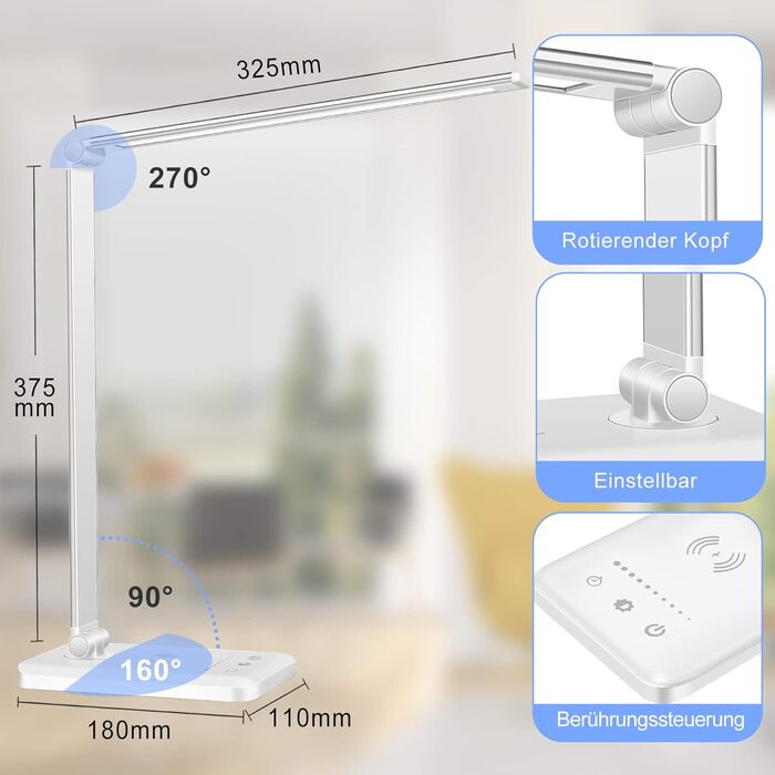 Світлодіодна настільна лампа Wilktop Настільна лампа з док-станцією для заряджання, настільна лампа з регулюванням яскравості 6 Вт бездротова зарядка та USB-порт для заряджання Захист очей, сенсорна панель керування Настільна лампа для читача, діти (срібл