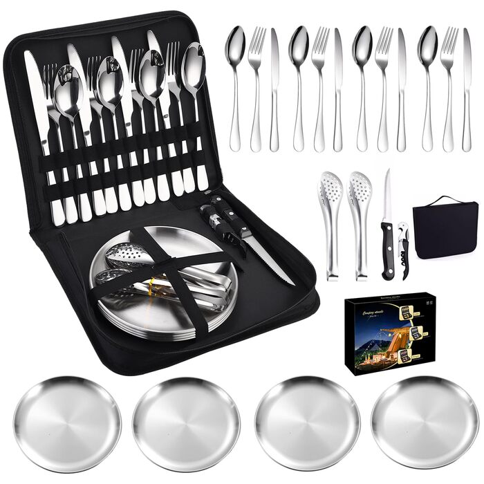 Набір посуду для кемпінгу для 4 осіб, 20 предметів, набір столових приборів для кемпінгу, нержавіюча сталь, з ложкою, виделкою, ножем, тарілкою та затискачем для кемпінгу, пікніків та подорожей, сріблястого кольору