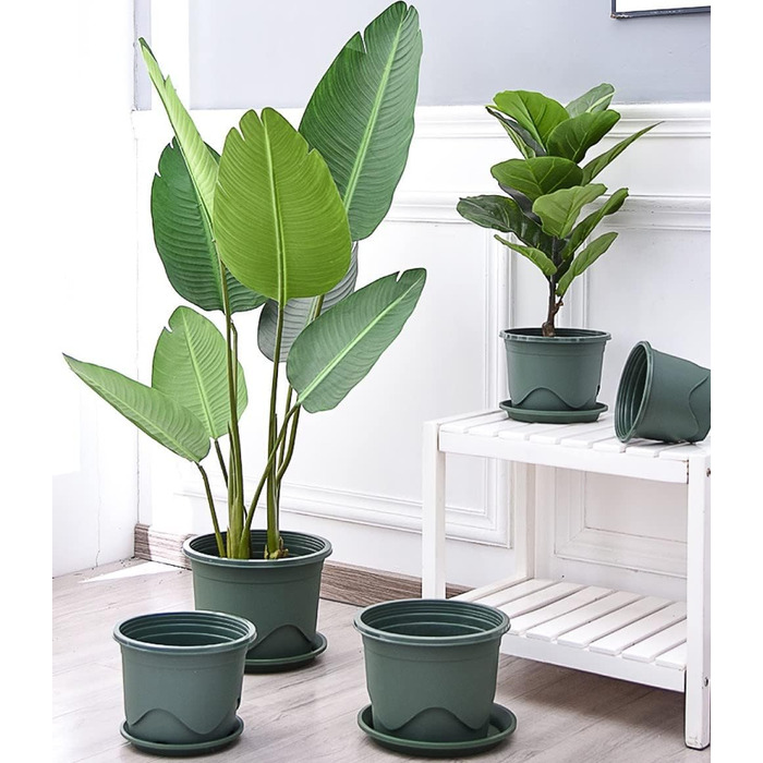 Набір із 6 пластикових горщиків для рослин KAHEIGN, квіткові горщики 22 см з блюдцями, пластикові горщики для розсади, горщики для трав, декоративні для використання в приміщенні та на вулиці (зелені)