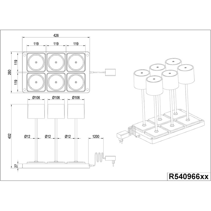 Набір бездротових LED-настільних світильників Reality Fernandez R54096677, 6 шт. з зарядною станцією, метал/пластик, сірий, 1.5 Вт