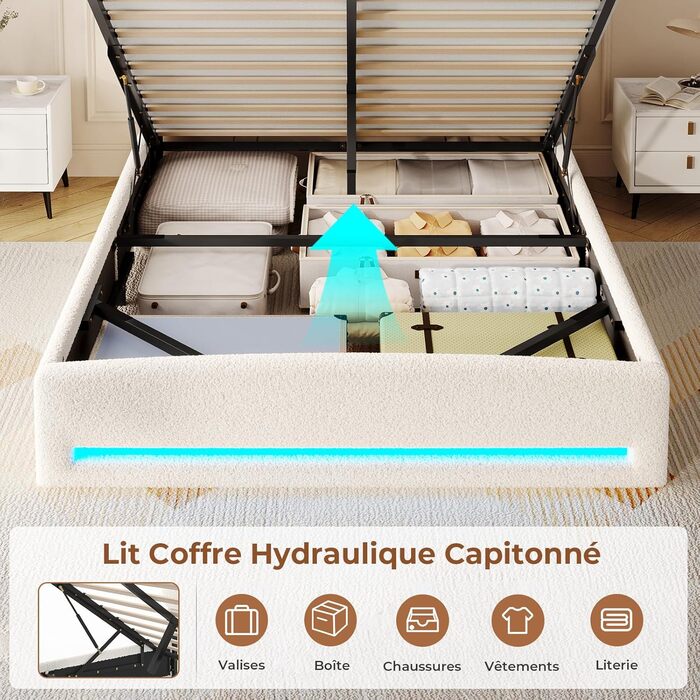 М&39яке ліжко 140x200 з розетками та світлодіодним освітленням, двоспальне ліжко з узголів&39ям для зберігання речей, ліжко 140x200 з гідравлічним металевим каркасом та дерев&39яною рейковою основою, букле, бежевий (без матраца) 140x200 см бежевий