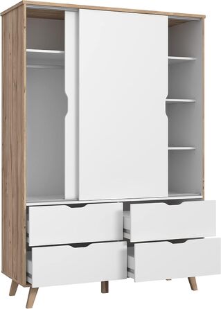 Шафа 140, Розсувні двері, Скандинавський стиль, 2-дверна з 4 шухлядами, Спальня або дитяча кімната, Декор дерева Дуб з білим, 139 см завширшки x 201,5 см заввишки x 53 см завглибшки, Біла 2-дверна шафа