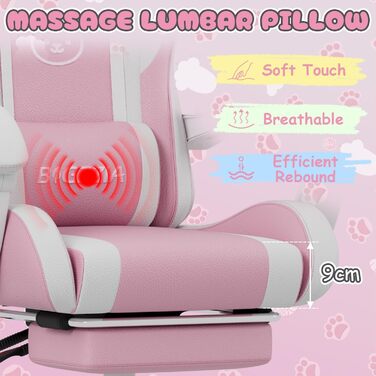 Ігрове крісло bigzzia з функцією масажу та підставкою для ніг ергономічне ігрове крісло для дівчат та дорослих, ігрове крісло з опорою для голови та попереку та котячими вушками (рожево-біле)