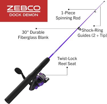 Котушка для спінінгу Zebco Dock Demon або Spincast та вудка, міцне скловолокно 76,2 см, комбінована котушка для спінінгу Quickset Anti-Reverse - фіолетова