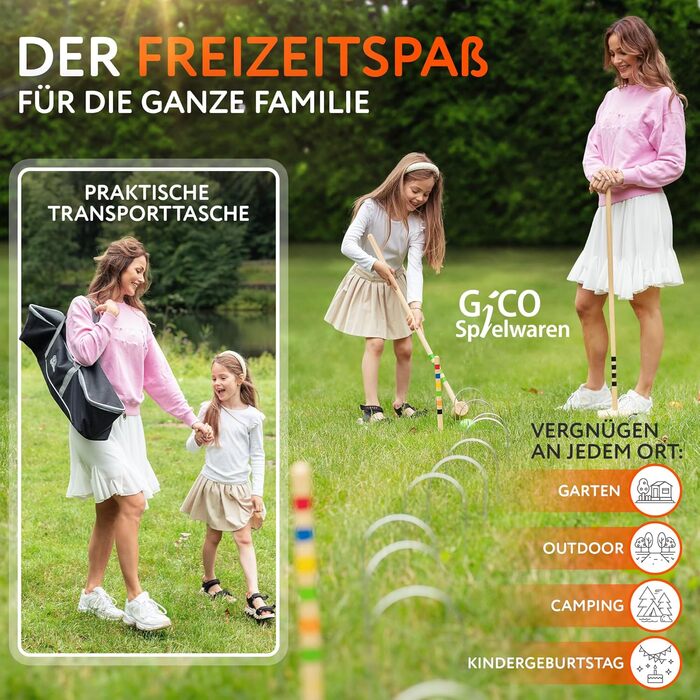 Набір для крокету GICO високої якості для 4 гравців у футлярі для перенесення - довжина молотка 80 см - якість ЄС - 3224