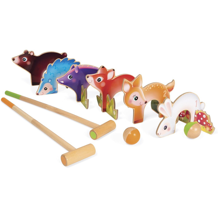 Дерев&39яний набір для крокету Janod J03207 з лісовими тваринами, гра на свіжому повітрі, для дітей від 3 років, різнокольоровий